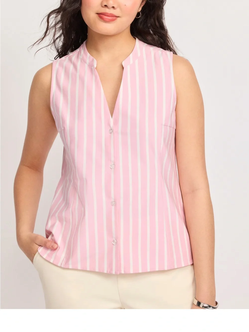 Sleeveless Pink and White Stripe Split-Neck Blouse Size M NWT